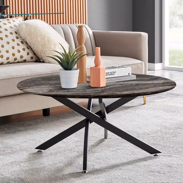 FurnitureboxUK Novara Round Coffee Table with Grey Marble Effect Glass Top and Black Metal Legs
