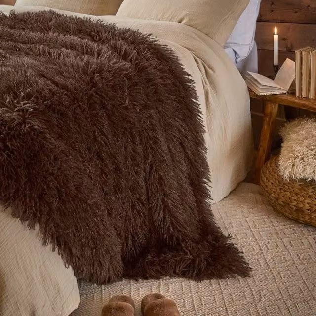 Furn Rowan Fluffy Faux Fur Throw in Brown, W: 130 cm, D: 180 cm