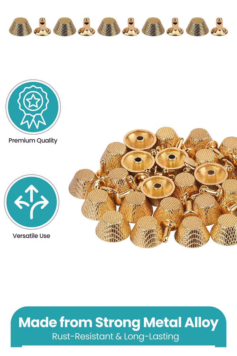 Neel Blue Etched Mushroom Bag Feet Rivets with 9mm Tubular Studs, Gold, 25 Pieces – 3