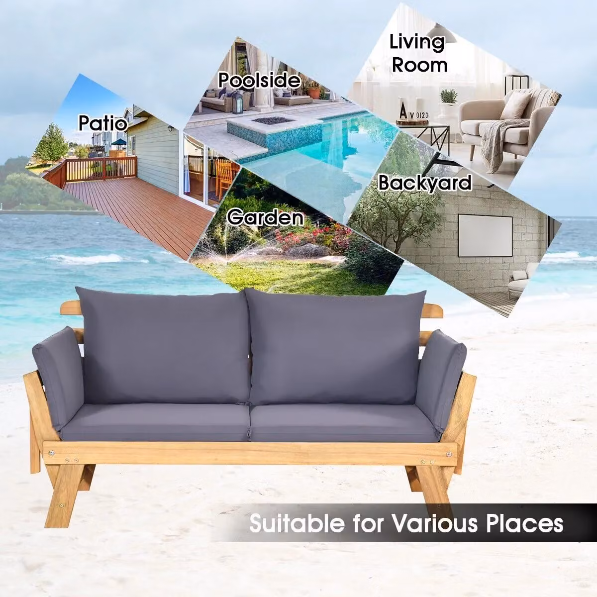 Gymax Convertible Outdoor Daybed and Sofa Bed in Grey Acacia Wood – 8