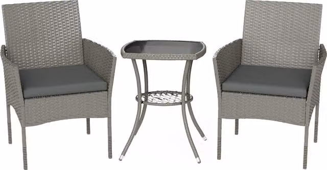 Outsunny 3 Piece Rattan Bistro Set with 2 Tier Glass Top Table and Chairs in Dark Grey – 1