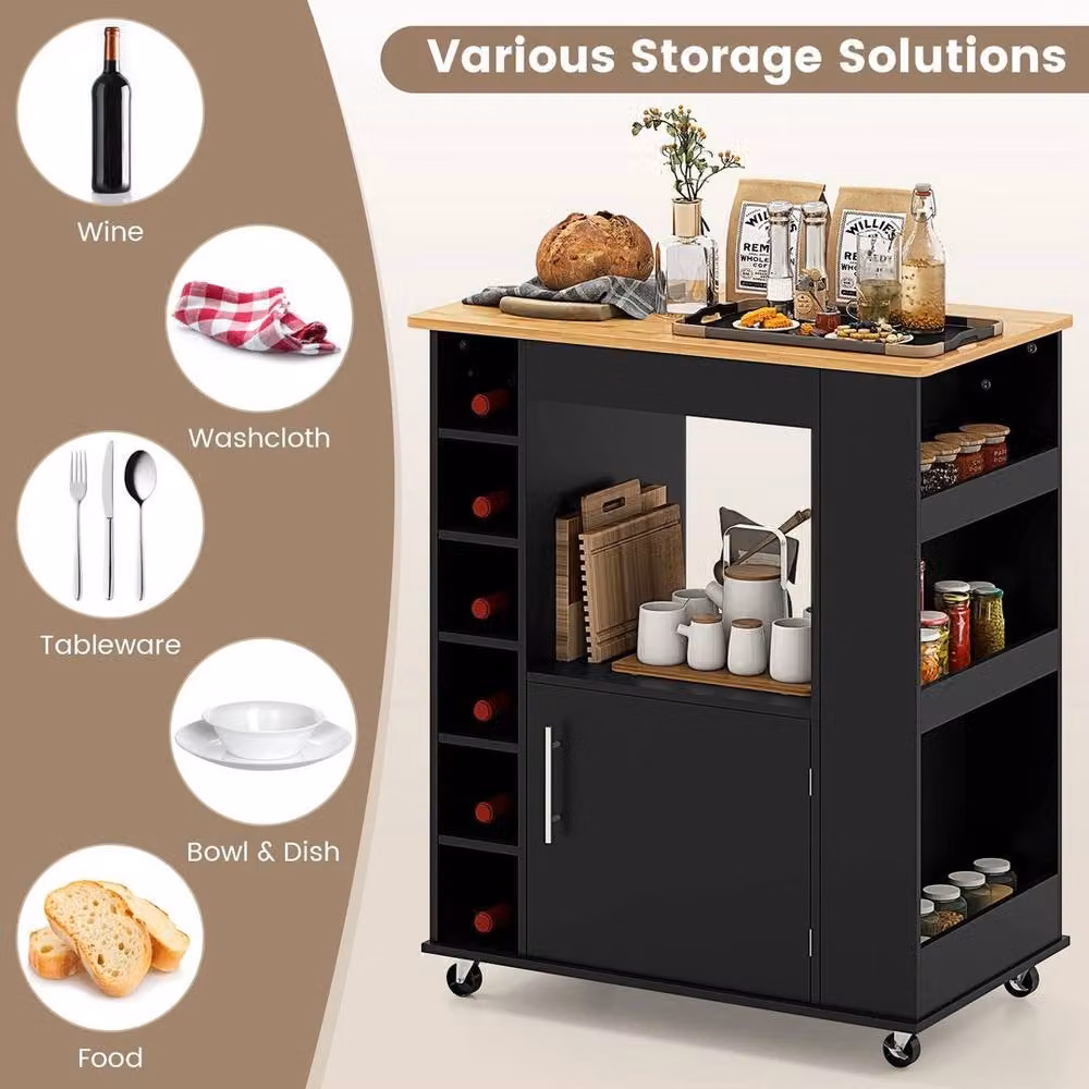 KORVIXA Black Rolling Kitchen Island Storage Cabinet Cart with Bamboo Top – 4