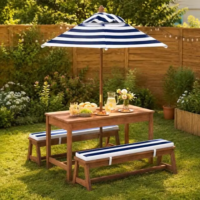 STILVORA Kids Picnic Table Set with Umbrella and Striped Blue Cushions in Wood – 1