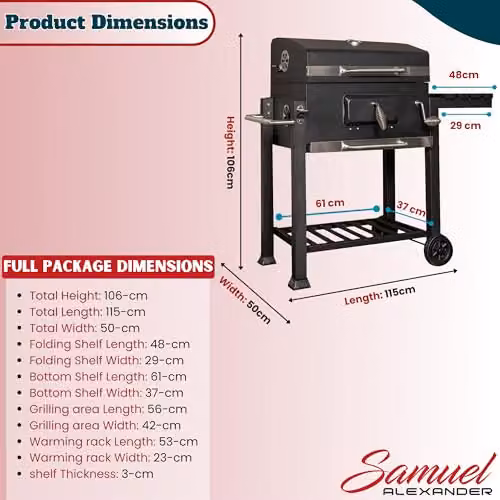 Samuel Alexander Black Steel Portable Rectangular Charcoal BBQ Trolley with Thermometer, Cover, Wheels and Warming Rack, W/D/H: 115 x 46 x 106 cm – 3