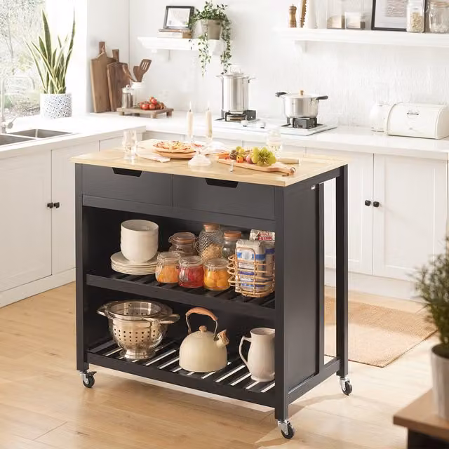 SoBuy Modern Kitchen Storage Trolley in Black and Natural Lacquered Wood