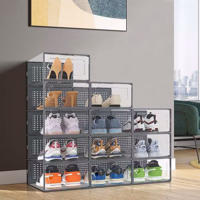 Livingandhome 12-Piece Stackable Transparent Shoe Organiser Boxes in Grey