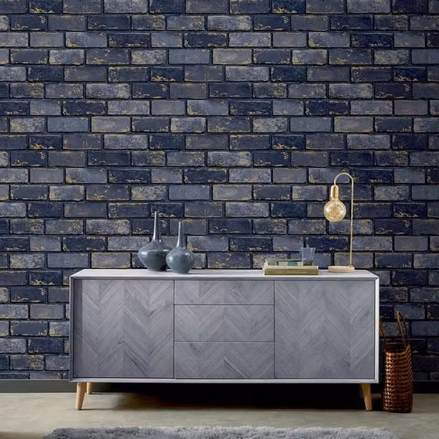Arthouse Geometric Metallic Brick Wallpaper in Blue, Gold and Silver