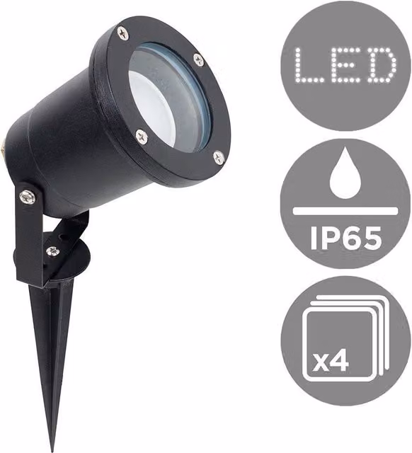ValueLights Derwent 4 Pack Black LED Outdoor Garden Lights with Adjustable GU10 Warm White Bulbs and IP65 Waterproof Rating – 1