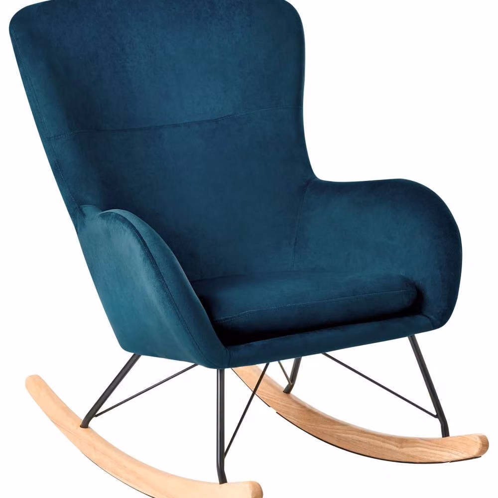 Wyld and Coco Blue Velvet Shell Rocking Chair with Armrests and Mixed Metal and Wood Legs – 2