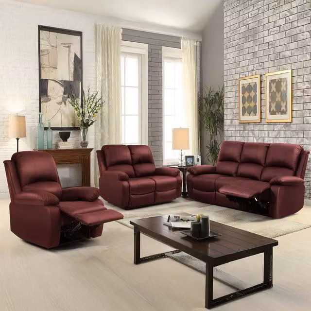 Comfy Living Red Bonded Leather Reclining Sofa Set with 3 Seater, 2 Seater and Armchair