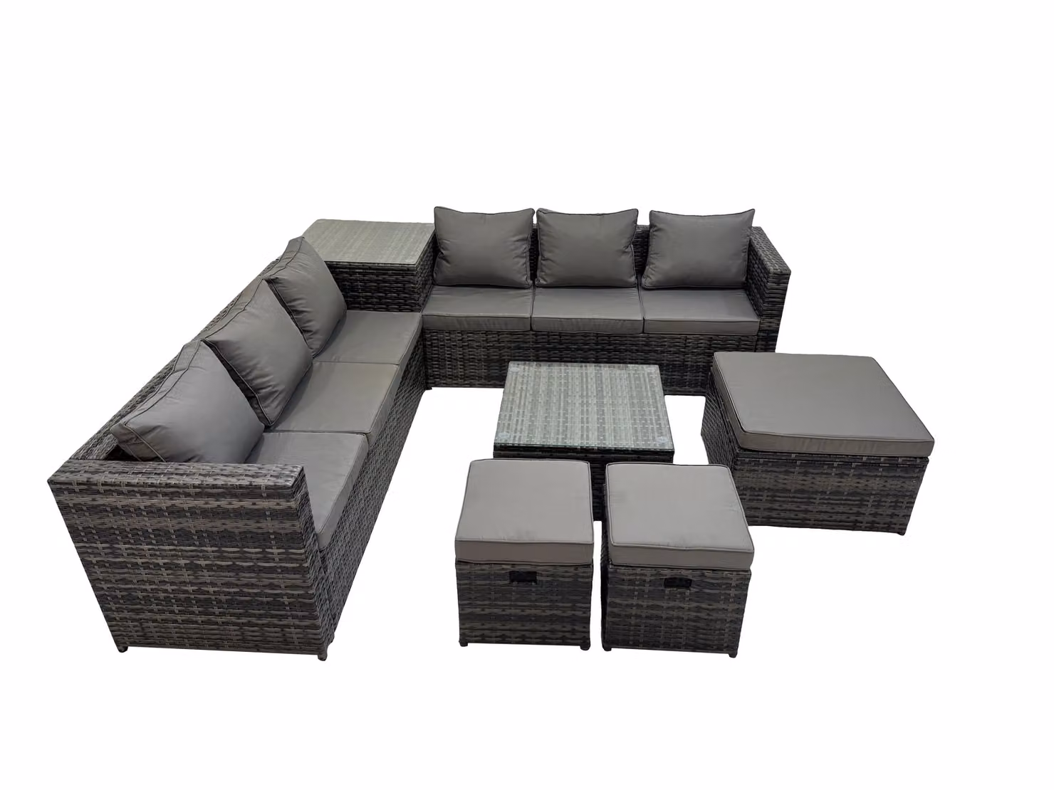 Fimous 9 Seater L-Shape Garden Rattan Furniture Set in Dark Grey with Upholstered Cushions and 3 Stools – 2