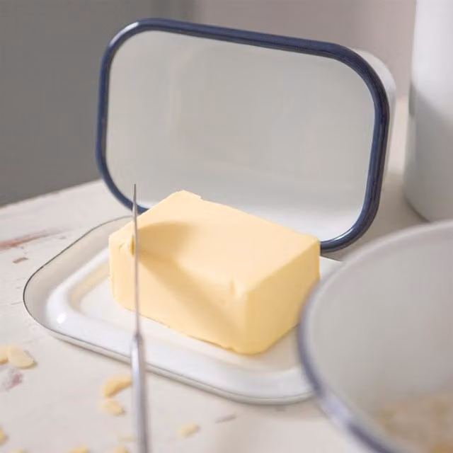 Argon Tableware White and Blue Enamel Butter Dish, W: 18.5 cm, D: 10 cm, H: 10 cm
