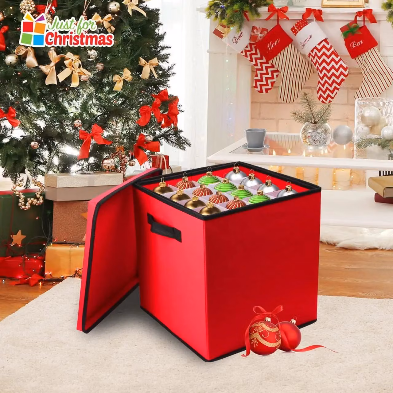 Almineez Red Christmas Tree Bauble Decoration Organiser Box with 4 Removable Trays and Carry Handles, Holds 64 Ornaments – 7