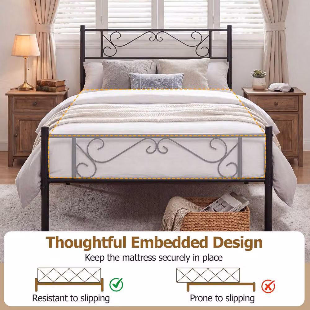 Gymax Single Size Floral Metal Platform Bed Frame with Slats, Black, W/D/H: 90 x 190 x 220 cm – 7