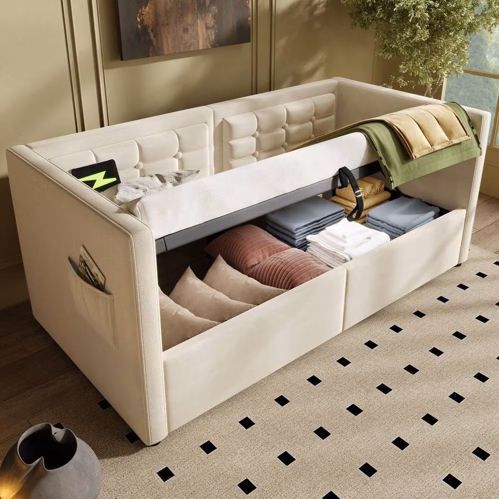 Rolipo Single Velvet Daybed with Hydraulic Storage and USB Charging Port, Beige, W/D/H: 90 x 190 cm – 5