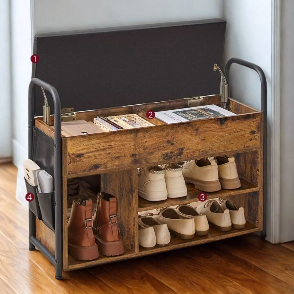 Pirlo Plush Brown Shoe Storage Bench with Cushioned Seat and Open Shelves – 3