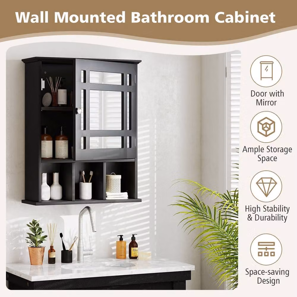 Gymax Wall-Mounted Black Bathroom Storage Cabinet with Mirror Doors and Internal Shelves – 8