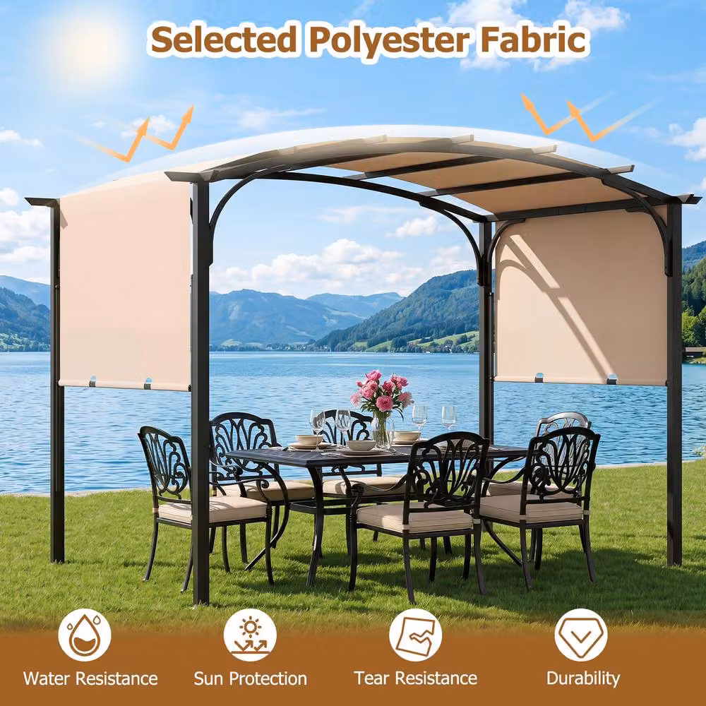 Gymax Retractable Arched Garden Pergola with Beige Polyester Canopy, W: 304.8 cm, D: 243.84 cm, H: 233.0 cm – 4