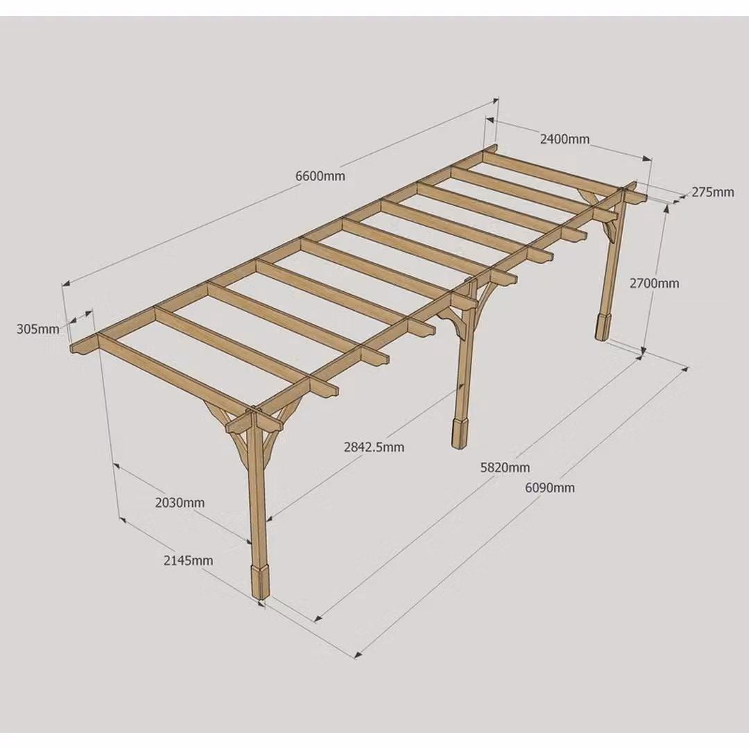 Rutland County Garden Furniture Ltd Wall Mounted Premium Lean-to Pergola with 3 Posts, W: 660 cm, D: 240 cm, H: 270 cm, Green and Brown – 5