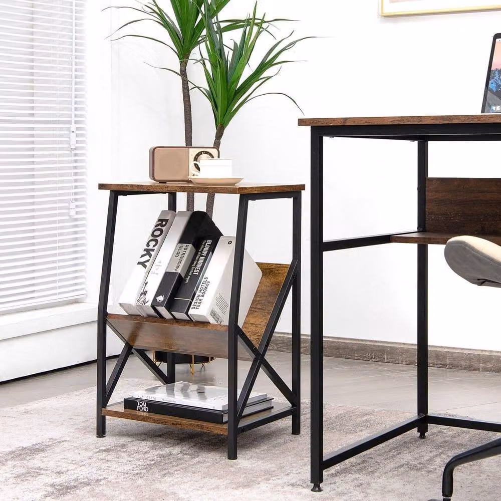 Gymax 3-Tier Industrial Side Table with V-Shaped Magazine Holder and Metal Frame in Brown and Black – 3