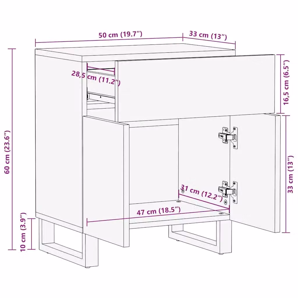 Berkfield Home Black Solid Mango Wood Bedside Cabinet W: 50 cm, D: 33 cm, H: 60 cm – 7