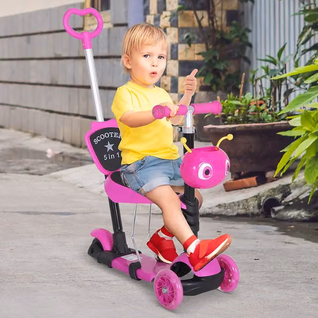 HOMCOM 5 in 1 Kids Toddler 3 Wheels Mini Kick Scooter and Tricycle, Pink, Height Adjustable