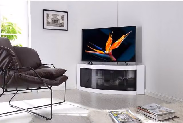 Centurion Supports PANGEA Gloss White Beam-Thru Curved Tru-Corner TV Cabinet for 32-55 inch Screens W/D/H: 118 x 45 x 45 cm
