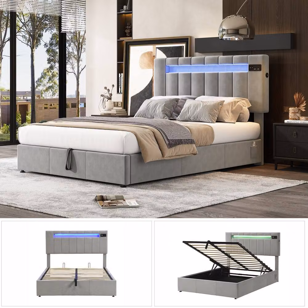 STILVORA Grey Upholstered Double Bed with Storage, USB Charging Port and Under-Bed Lighting, W/D/H: 150 x 200 x 43.5 cm – 6