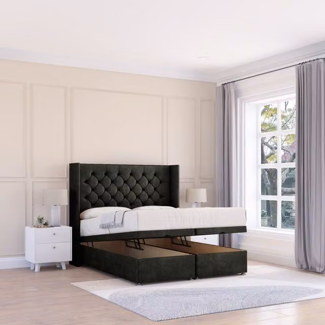 Sloomy Dior Dumfries Single Fabric Ottoman Bed in Black with Hybrid Memory Mattress and Winged Floorstanding Headboard, W/D/H: 90 x 190 cm