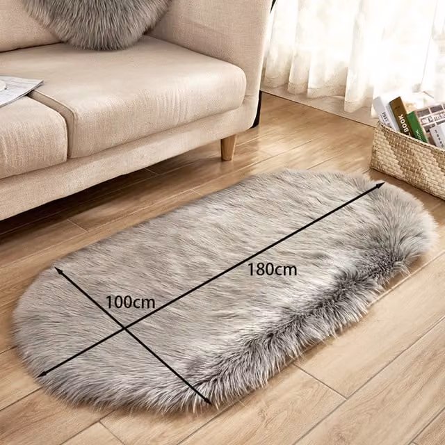 Livingandhome Grey Oval Shaggy Faux Fur Area Rug