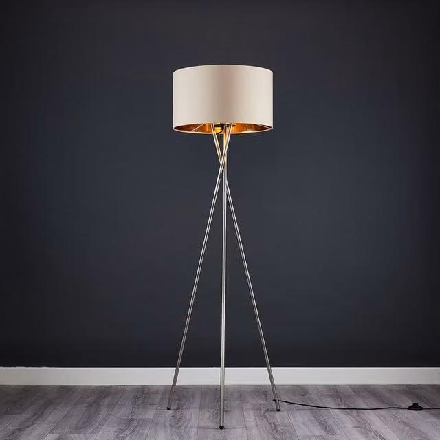 ValueLights Camden Modern Brushed Chrome Metal Tripod Floor Lamp with Beige and Gold Fabric Cylinder Shade