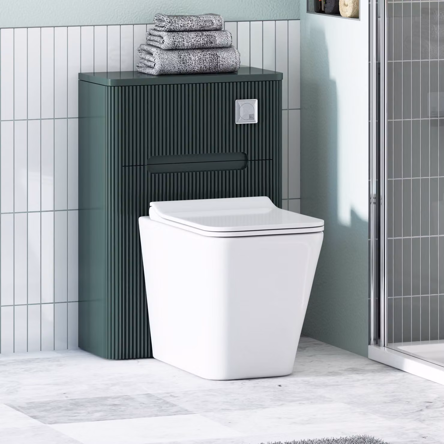 Avenza Moss Green Wall Mounted WC Unit with Elena Rimless Ceramic Toilet Pan, Slim Soft Close Seat and Cistern, Depth: 55 cm