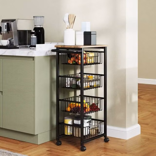 HOMCOM 4-Tier Kitchen Island on Wheels with 4 Pull-Out Baskets, Light Oak