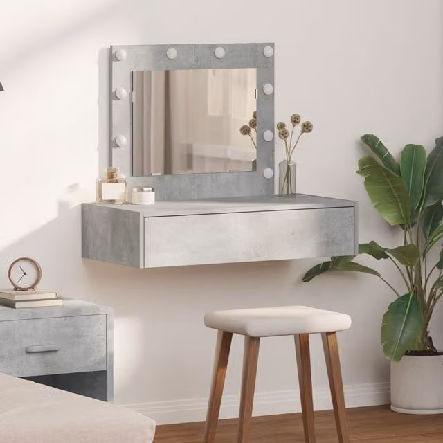 Berkfield Home Wall Hanging Dressing Table with Hollywood LED Lights in Concrete Grey, W/D/H: 83 x 40 x 70 cm