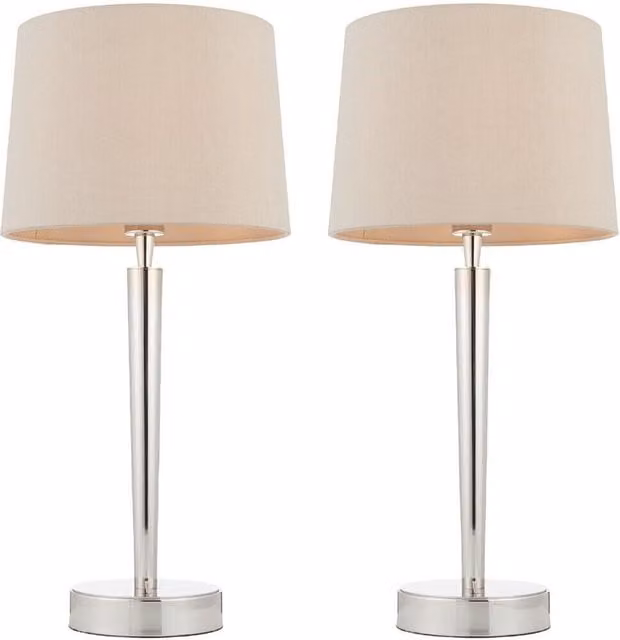 Loops 2 Pack Modern Metal Table Lamps with USB Charger and Mink Fabric Shades in Silver