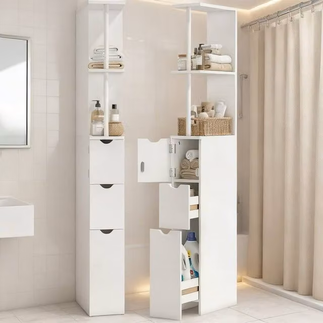 ERGOVEXA Slim White Bathroom Storage Cabinet with Drawers and Internal Shelves – 1