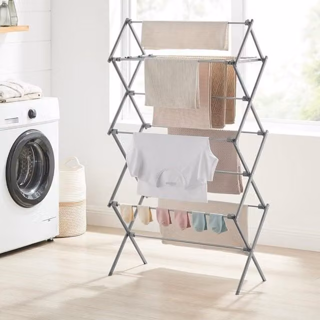 SONGMICS Foldable Compact Clothes Drying Rack with Steel Frame in Grey