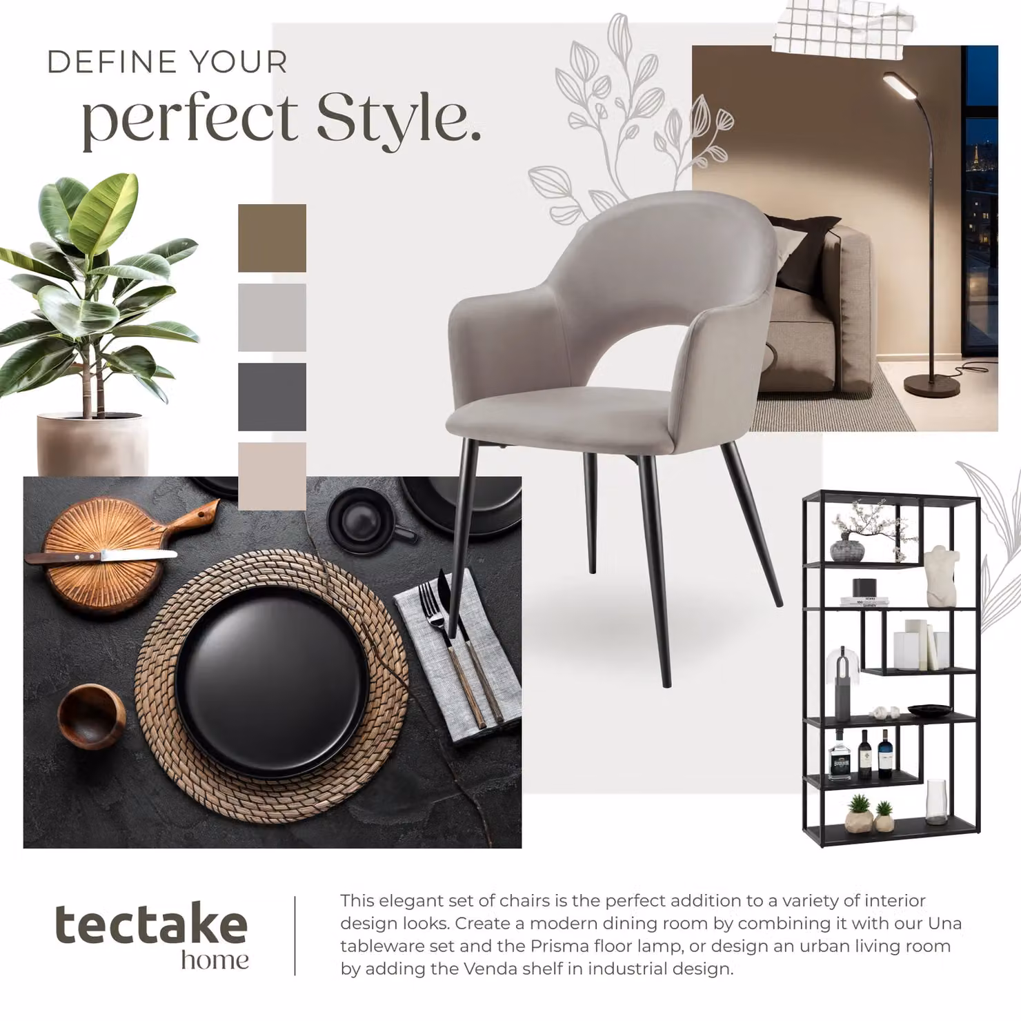 tectake Sasha Set of 6 Modern Dining Chairs in Taupe with Armrests and Metal Frame – 6