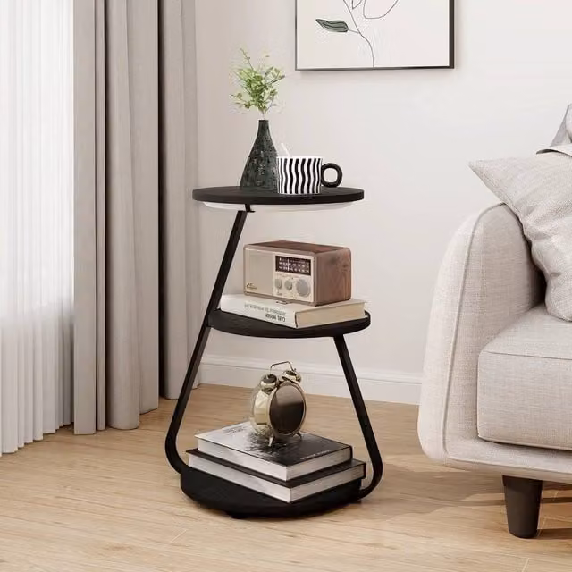 EONLION 3-Tier LED Lighted Side Table with Storage in Black