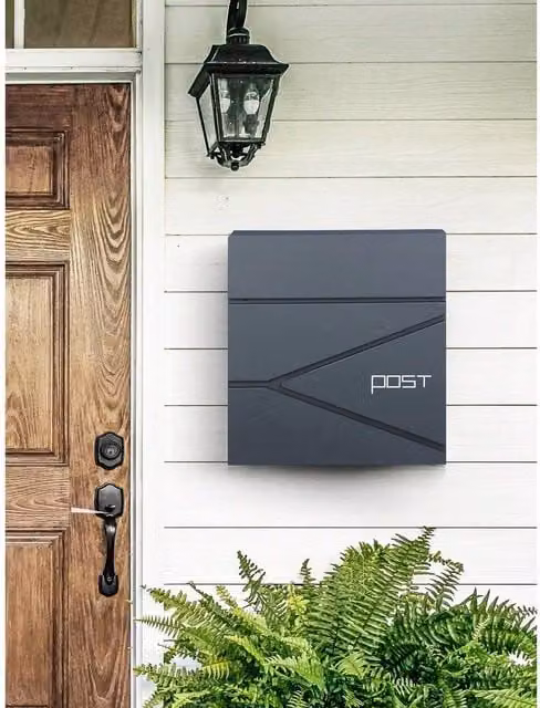 SONGMICS Wall Mounted Lockable Steel Letterbox in Grey/Anthracite, H 37.0 cm x W 37.0 cm x D 10.5 cm