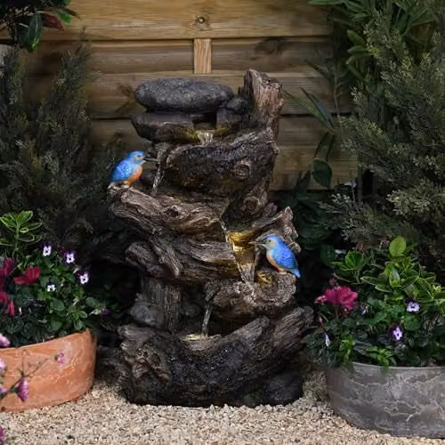 Serenity Cascading Tree Trunk Water Feature with LED Lights and Two Kingfishers in Brown and Blue, Height: 63 cm – 5