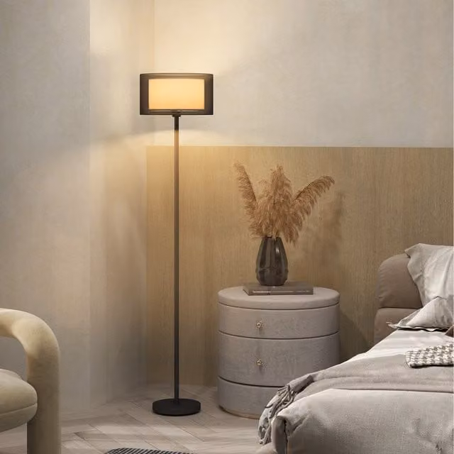 HOMCOM Modern Black Metal Floor Lamp with Double Layer Shade