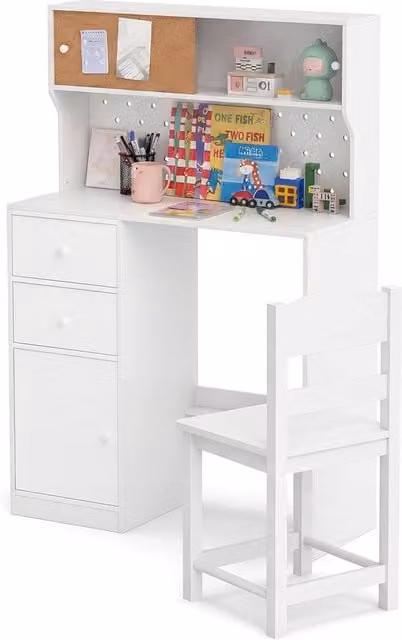 CASART Kids Wooden Study Desk and Chair Set with 2 Cabinets and 3 Drawers in White – 1