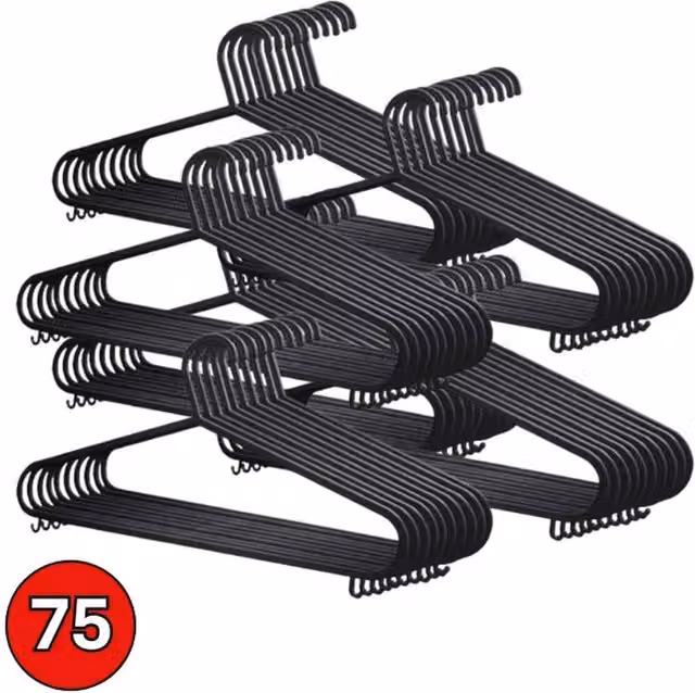 VOGREX 75-Piece Black Slim Plastic Clothes Hangers with Trouser Bar