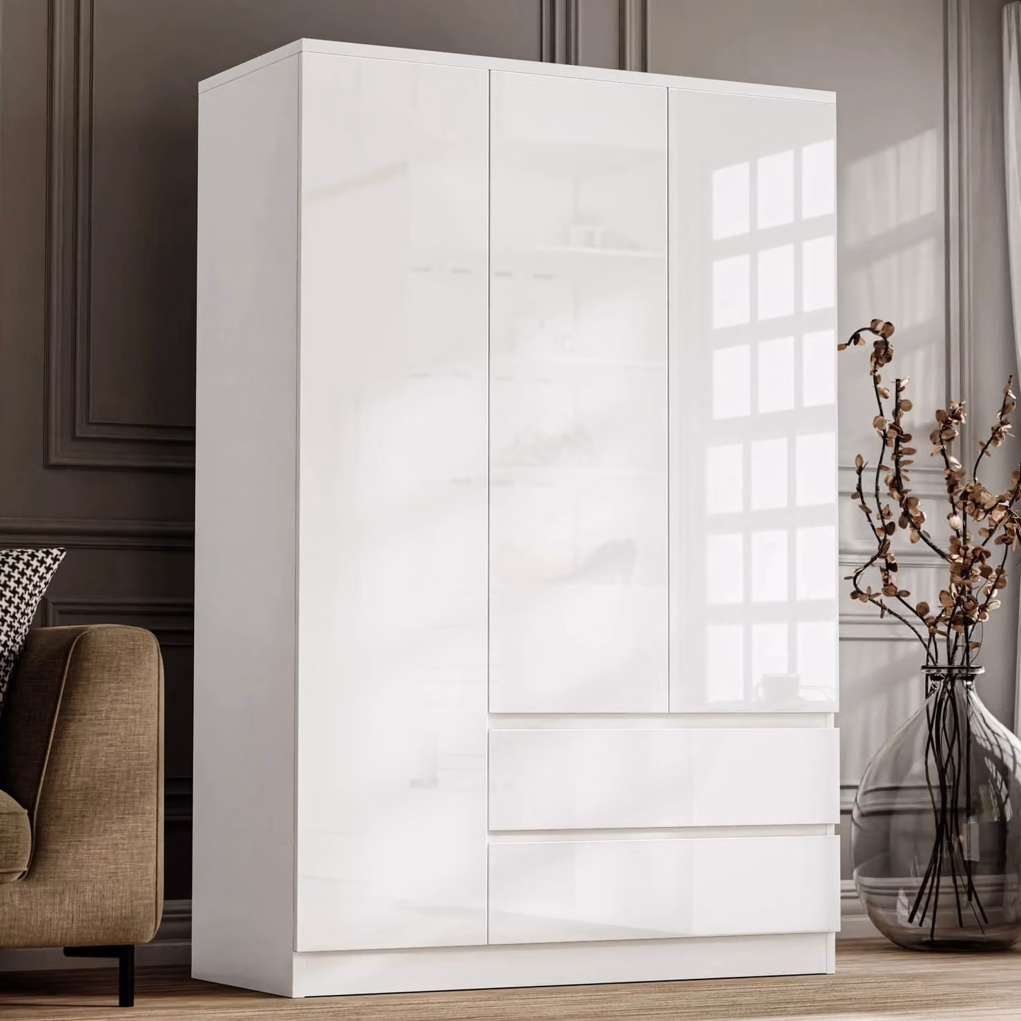 DHS White High Gloss 3 Door Wardrobe with Internal Drawers and Shelves, W/D/H: 120 x 50 x 180 cm