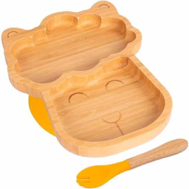 Tiny Dining Bamboo Llama Baby Weaning Divided Plate and Fork Set, Yellow