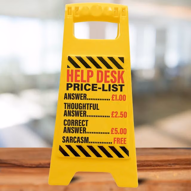 Boxer Gifts Help Desk Joke Office Sign, Yellow Plastic Tabletop Sign