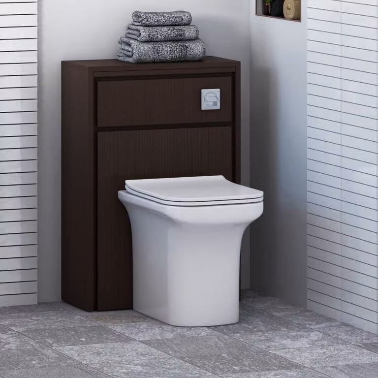 Livora BTW Wall Mounted WC Unit in Walnut Woodgrain with Crosby Rimless Ceramic Toilet Pan, Seat and Cistern, White and Brown