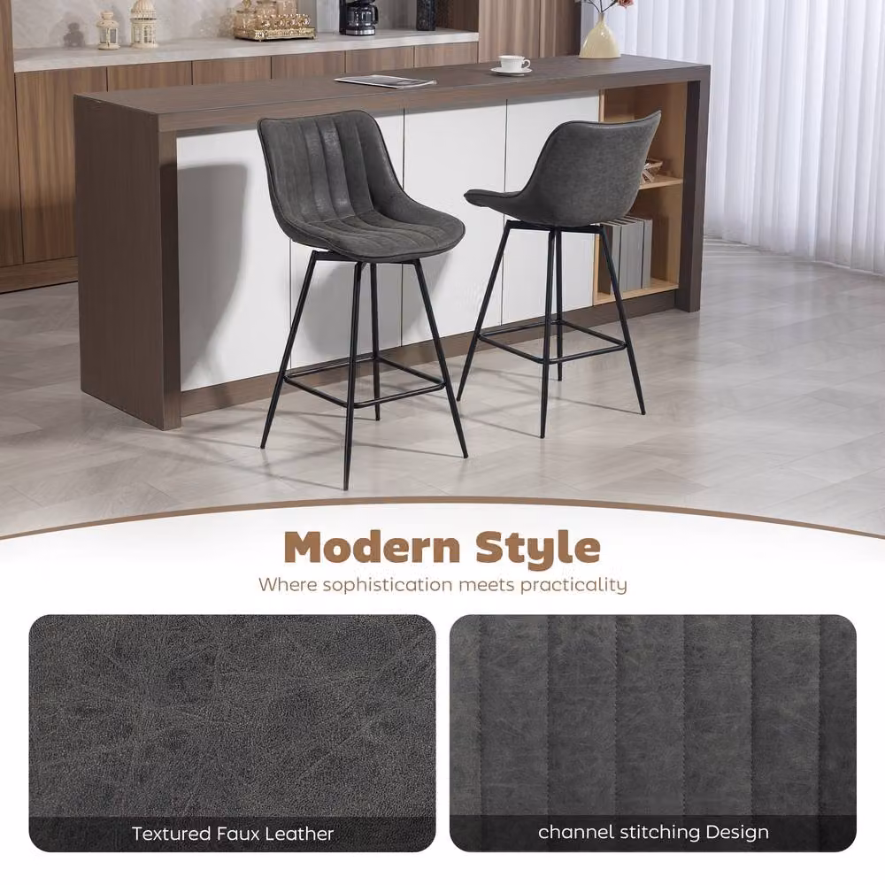 STILVORA Set of 2 Grey Faux Leather Swivel Bar Stools – 6