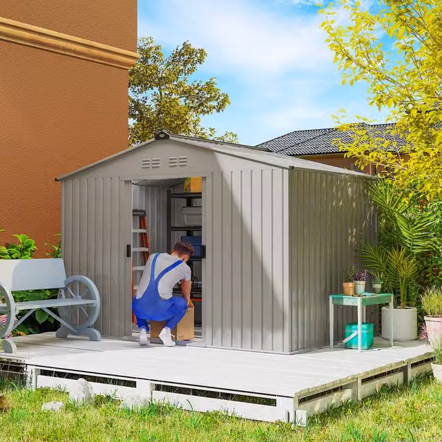 Outsunny Metal Garden Storage Shed with Double Doors in Silver Grey